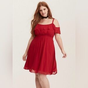 $90 New Torrid Size 18 Red Chiffon Ruffled Cold Shoulder Skater Dress Valentines